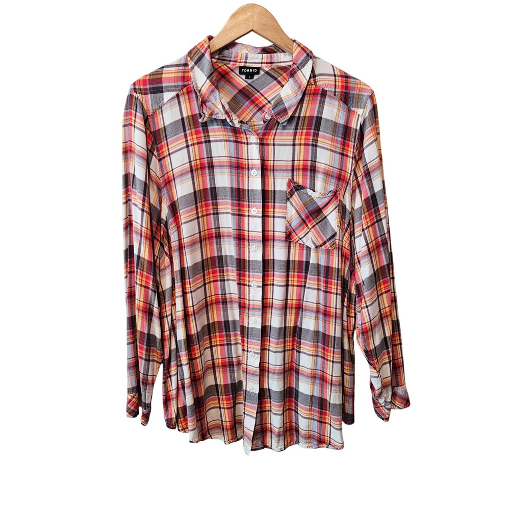 Torrid Plaid Button Down Shirt Long Sleeve Rayon Multi Color Red Yellow Plus 3x